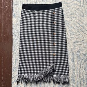 Nanette Lepore black and white checkered fringe, midi skirt, gold buttons XL